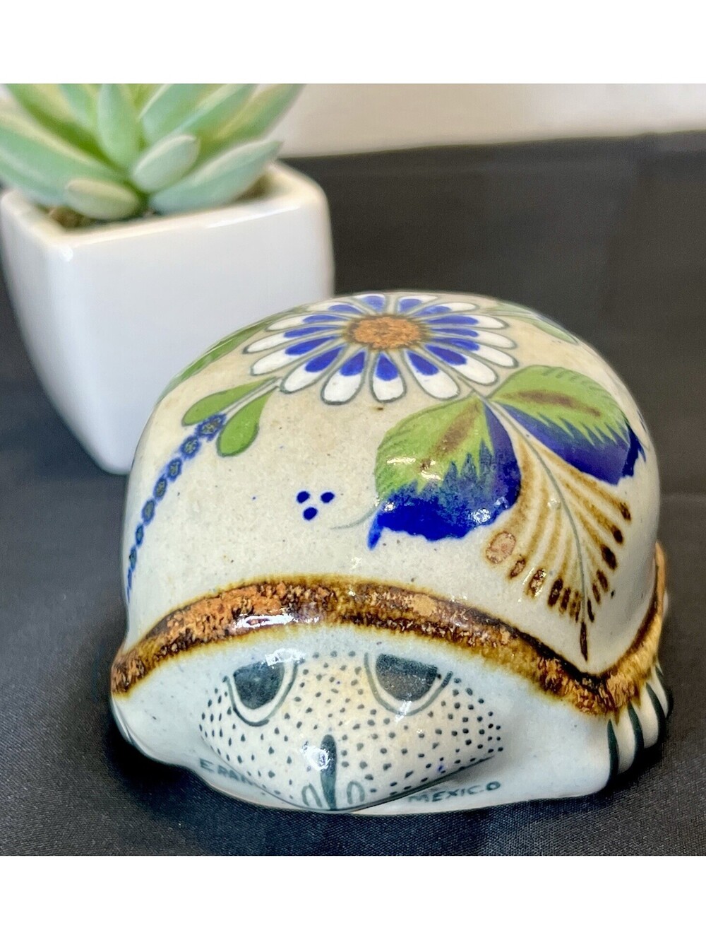 Vintage Erandi Tonola Mexican Pottery Hand Painted Turtle Signed Folk Art